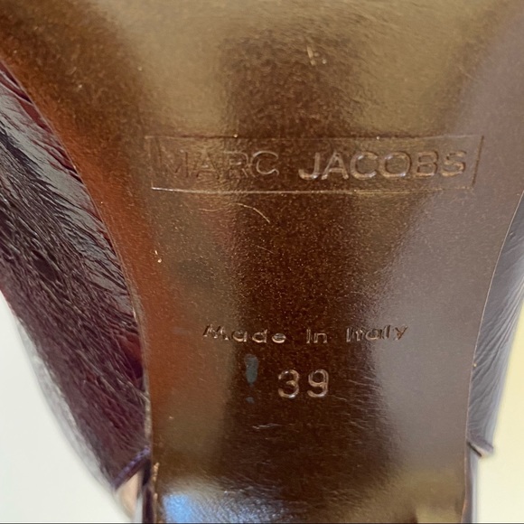 Marc Jacobs purple patent leather yellow gold bow peep toe slingback chunky heel - Picture 9 of 11